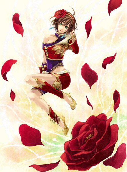 Anime picture 1200x1622 with shin sangoku musou sun shang xiang twilightend single tall image looking at viewer short hair smile green eyes hair flower alternate costume arms behind head jumping girl hair ornament flower (flowers) petals bracelet jewelry