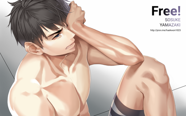 Anime picture 2560x1600 with free! kyoto animation yamazaki sosuke torano single highres short hair blue eyes black hair simple background sitting looking away from above copyright name character names eyebrows muscle hand on face boy