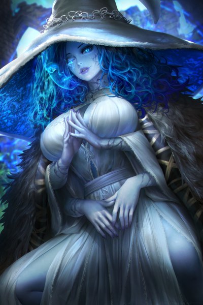 Anime picture 2400x3597 with elden ring ranni the witch nudtawut thongmai single long hair tall image looking at viewer fringe highres breasts blue eyes light erotic large breasts sitting blue hair nail polish parted lips one eye closed fingernails light smile