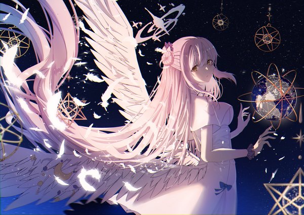Anime-Bild 3508x2480 mit blue archive mika (blue archive) re:rin single looking at viewer fringe highres hair between eyes yellow eyes pink hair absurdres very long hair hair bun (hair buns) white wings wrist scrunchie girl dress wings white dress halo