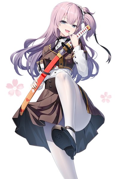 Anime picture 900x1314 with toji no miko tsubakuro yume ririko (zhuoyandesailaer) single long hair tall image fringe open mouth blue eyes hair between eyes standing white background pink hair :d one side up standing on one leg soles unsheathing girl weapon