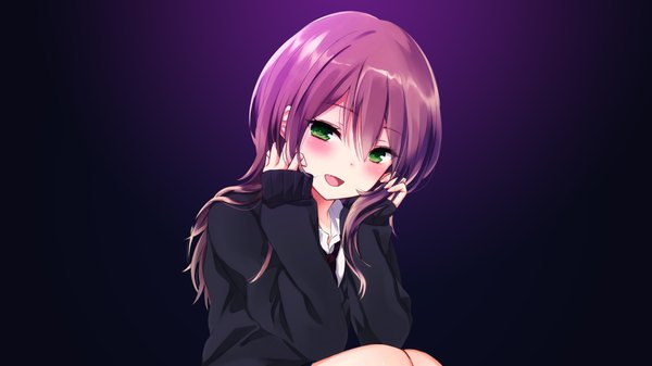 Anime picture 3840x2160 with original assassinwarrior purin jiisan single long hair looking at viewer blush fringe highres open mouth simple background smile hair between eyes brown hair wide image sitting green eyes pink hair absurdres upper body