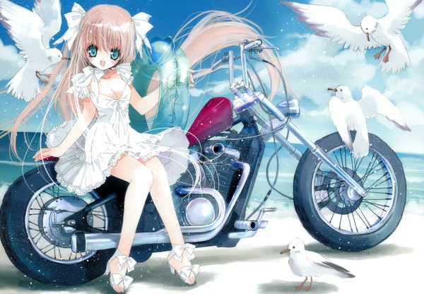 Anime picture 1920x1332 with highres blue eyes blonde hair beach girl dress animal white dress bird (birds) motorcycle