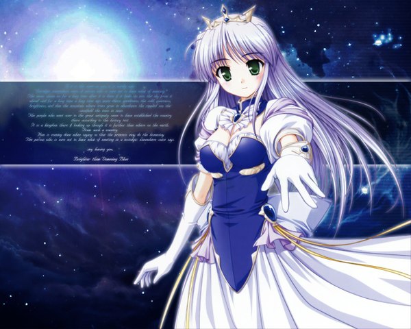 Anime picture 1280x1024 with yoake mae yori ruri iro na august soft feena fam earthlight single long hair looking at viewer fringe breasts simple background smile green eyes cleavage purple hair ahoge short sleeves wallpaper puffy sleeves outstretched arm girl dress