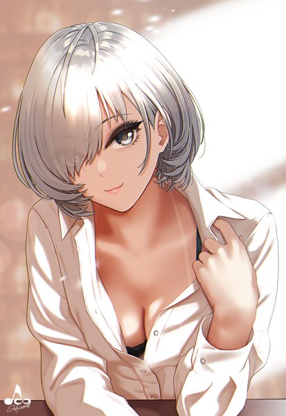 Anime picture 2752x4000 with original sashou mihiro infinote single tall image looking at viewer fringe highres short hair breasts light erotic smile large breasts signed silver hair upper body long sleeves hair over one eye silver eyes anaglyph