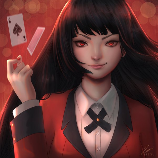 Anime picture 3000x3000 with kakegurui jabami yumeko zienu single long hair looking at viewer fringe highres black hair simple background smile red eyes signed payot upper body blunt bangs nail polish arm up portrait red background