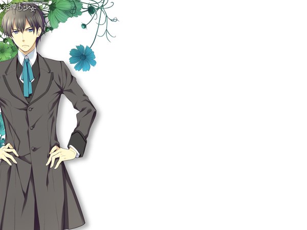 Anime picture 1600x1200 with shinigami to shojo kirishima nanaki single short hair blue eyes black hair white background signed inscription hand on hip hieroglyph boy flower (flowers) ribbon (ribbons) suit