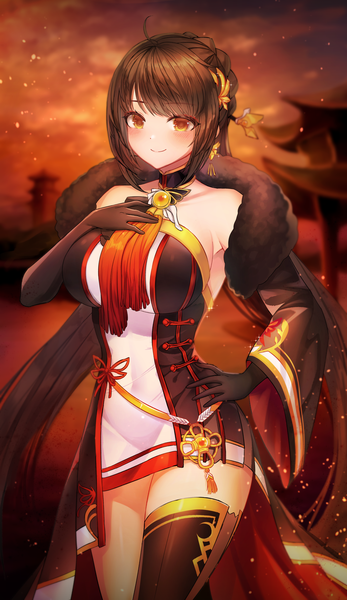Anime picture 1700x2936 with elsword ara haan yama raja (elsword) bindong single long hair tall image looking at viewer blush fringe breasts smile brown hair large breasts standing brown eyes payot sky ahoge outdoors
