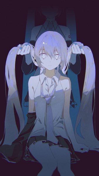 Anime picture 720x1280 with vocaloid hatsune miku manuga430 tall image looking at viewer simple background standing sitting twintails multiple girls purple hair very long hair nail polish pleated skirt aqua hair black background open collar dual persona holding hair white eyes