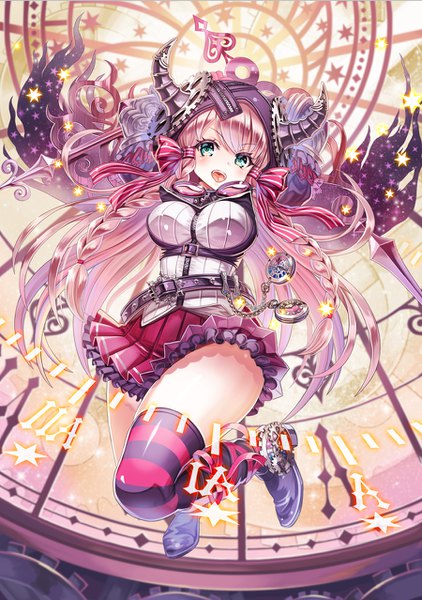 Anime-Bild 900x1278 mit original madopen single long hair tall image looking at viewer blush fringe breasts open mouth hair between eyes large breasts pink hair full body braid (braids) pleated skirt horn (horns) aqua eyes arms up teeth