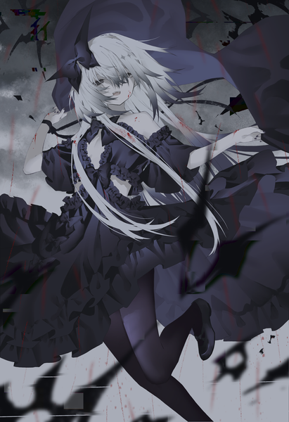 Anime picture 2600x3800 with original kotarou (kot mochi) single long hair tall image looking at viewer fringe highres open mouth hair between eyes standing bare shoulders holding outdoors nail polish :d arm up fingernails wind grey hair