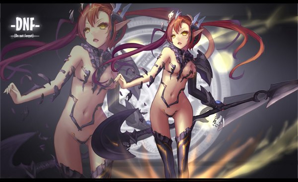 Anime picture 1488x915 with dungeon and fighter wangchuan de quanyan single long hair open mouth light erotic brown hair wide image yellow eyes looking away pointy ears letterboxed girl navel weapon single glove