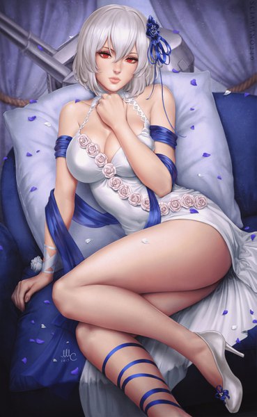 Anime picture 1846x3000 with azur lane sirius (azur lane) sirius (white rose) (azur lane) sciamano240 single tall image looking at viewer fringe highres short hair breasts light erotic hair between eyes red eyes large breasts sitting bare shoulders signed payot cleavage