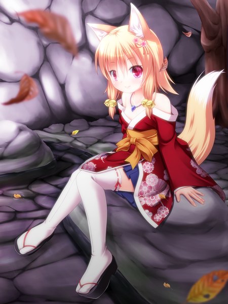 Anime picture 1200x1600 with original kanna hisashi single tall image short hair blonde hair sitting bare shoulders animal ears tail traditional clothes japanese clothes animal tail pink eyes fox ears fox tail fox girl girl thighhighs white thighhighs