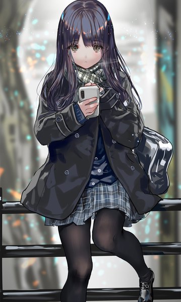 Anime picture 957x1600 with original ranou single long hair tall image looking at viewer fringe black hair sitting brown eyes outdoors blunt bangs long sleeves parted lips sleeves past wrists plaid skirt waiting girl skirt pantyhose