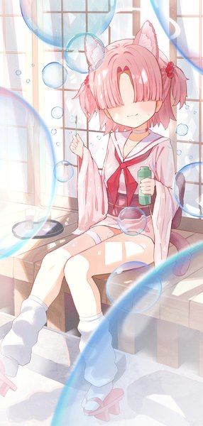 Anime picture 1602x3362 with blue archive chlorella observation club member (blue archive) hidulume single tall image short hair light erotic sitting animal ears pink hair tail animal tail cat ears cat girl cat tail two side up hair over eyes girl uniform socks