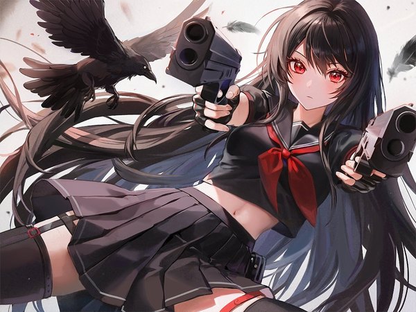 Anime picture 1600x1199 with original bao (840bao) single looking at viewer blush fringe black hair hair between eyes red eyes holding very long hair pleated skirt short sleeves midriff jumping dual wielding girl thighhighs skirt gloves