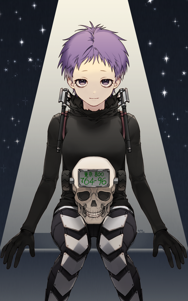 Anime picture 1080x1725 with dorohedoro mappa ebisu (dorohedoro) casam single tall image looking at viewer short hair sitting purple eyes purple hair light girl gloves black gloves skull