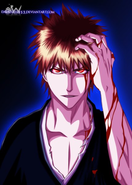Anime picture 1024x1431 with bleach studio pierrot kurosaki ichigo darknes953 single tall image short hair smile red eyes brown hair japanese clothes coloring torn clothes portrait face muscle boy kimono blood