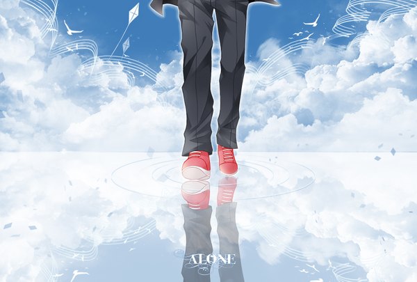 Anime picture 1748x1181 with kuroko no basket production i.g akashi seijuurou ling zi rou single highres sky cloud (clouds) inscription legs reflection boy animal water shoes bird (birds) pants sneakers kite