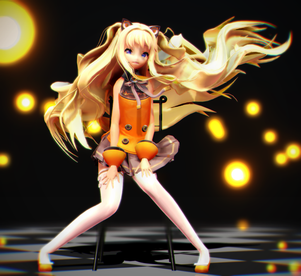 Anime picture 1024x942 with vocaloid seeu leyumirrorsound single long hair fringe open mouth blue eyes blonde hair sitting animal ears pleated skirt wind cat ears realistic checkered floor floor mikumikudance girl thighhighs