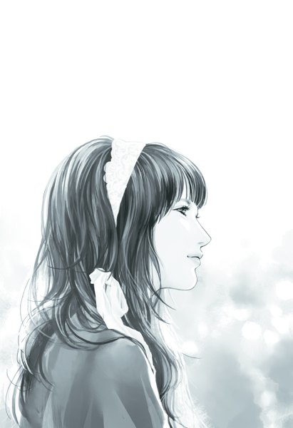 Anime picture 1849x2696 with original daisy (artist) single long hair tall image fringe highres smile white background looking away profile lips grey hair grey eyes monochrome girl ribbon (ribbons) hair ribbon