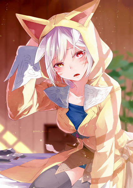 Anime picture 848x1200 with final fantasy final fantasy xiv square enix miqo'te lili mdoki single tall image looking at viewer short hair open mouth red eyes sitting signed animal ears yellow eyes indoors tail head tilt animal tail blurry