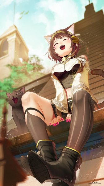 Anime picture 977x1737 with original saraki single tall image blush fringe short hair breasts open mouth light erotic smile brown hair large breasts sitting signed animal ears sky cloud (clouds) outdoors tail
