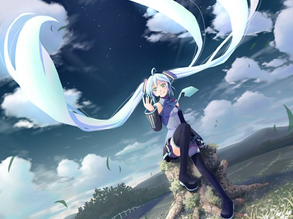 Anime picture 1100x822 with vocaloid hatsune miku mochizuki saku single sitting twintails sky cloud (clouds) ahoge white hair very long hair aqua eyes wind girl detached sleeves thigh boots