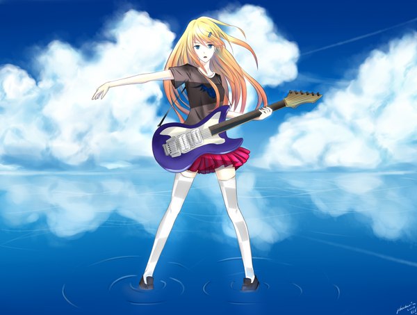Anime picture 3480x2629 with phantania single long hair highres blue eyes blonde hair absurdres sky cloud (clouds) girl thighhighs skirt miniskirt white thighhighs water t-shirt guitar