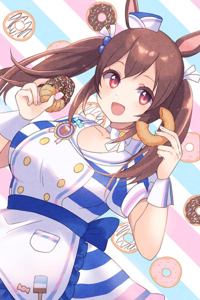 Anime picture 1219x1827 with umamusume hishi akebono (umamusume) gucchiann single long hair tall image fringe open mouth hair between eyes red eyes brown hair animal ears upper body :d horse ears striped background girl food wrist cuffs doughnut