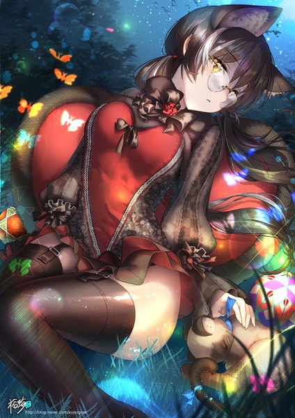 Anime picture 1754x2480 with original kyjsogom single long hair tall image looking at viewer highres light erotic brown hair sitting twintails animal ears yellow eyes head tilt cat ears cat girl low twintails girl thighhighs black thighhighs