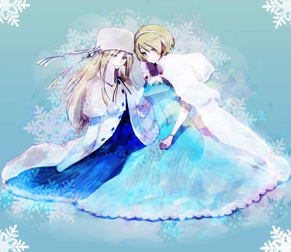 Anime picture 1063x921 with axis powers hetalia studio deen belarus (hetalia) ukraine (hetalia) rusuko long hair short hair blonde hair sitting girl dress hair ornament bow ribbon (ribbons) hair bow hair ribbon bracelet cap snowflake (snowflakes)