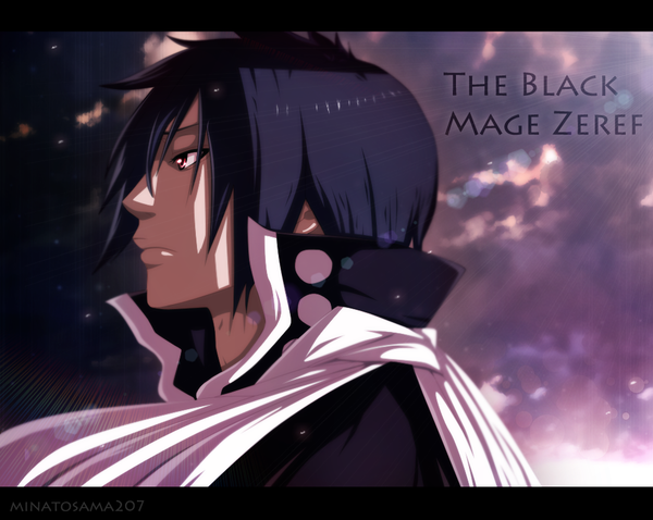 Anime picture 1001x799 with fairy tail zeref minatosama207 single short hair black hair red eyes sky cloud (clouds) profile sunlight inscription coloring boy scarf cloak