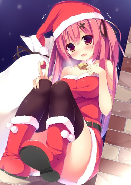 Anime picture 991x1400 with original megarisu single long hair tall image looking at viewer blush open mouth red eyes sitting twintails pink hair night fur trim christmas trembling girl thighhighs dress black thighhighs