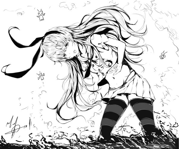 Anime picture 1042x872 with kantai collection shimakaze destroyer rensouhou-chan marumoru single long hair fringe open mouth standing white background signed pleated skirt midriff groin monochrome girl skirt navel miniskirt water