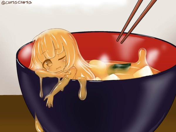 Anime picture 1851x1395 with original curss single looking at viewer highres open mouth smile signed head tilt :d one eye closed orange hair orange eyes twitter username monster girl minigirl in container slime girl girl food