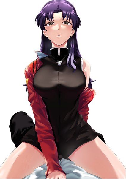 Anime picture 1116x1579 with neon genesis evangelion gainax katsuragi misato rororo long hair tall image looking at viewer blush fringe breasts light erotic simple background large breasts white background sitting brown eyes purple hair parted lips off shoulder open jacket
