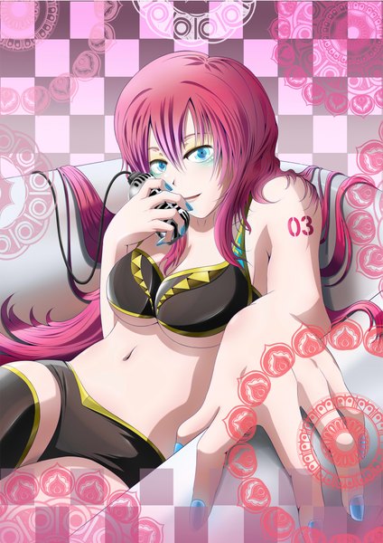 Anime picture 1447x2046 with vocaloid megurine luka brianchan.t.w single long hair tall image blue eyes smile pink hair nail polish parted lips tattoo checkered checkered background girl thighhighs navel black thighhighs lingerie bra