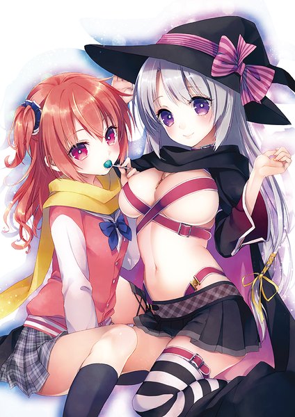 Anime picture 707x1000 with nama2e long hair tall image looking at viewer blush fringe breasts light erotic large breasts sitting purple eyes twintails multiple girls purple hair bent knee (knees) pleated skirt pink eyes orange hair plaid skirt shirt lift