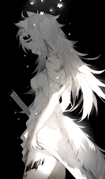 Anime picture 1000x1700 with arknights lappland (arknights) meng ziya single long hair tall image fringe breasts light erotic simple background standing bare shoulders animal ears payot silver hair ahoge tail nail polish animal tail profile