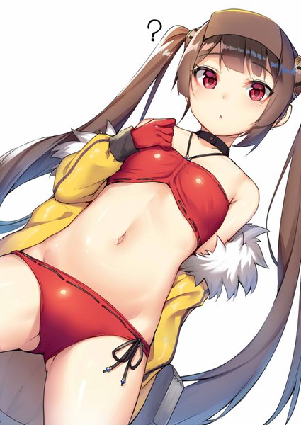 Anime picture 1062x1500 with azur lane ping hai (azur lane) ping hai (merry summer) (azur lane) alexmaster single long hair tall image looking at viewer blush fringe light erotic simple background red eyes brown hair white background twintails bare shoulders head tilt off shoulder :o
