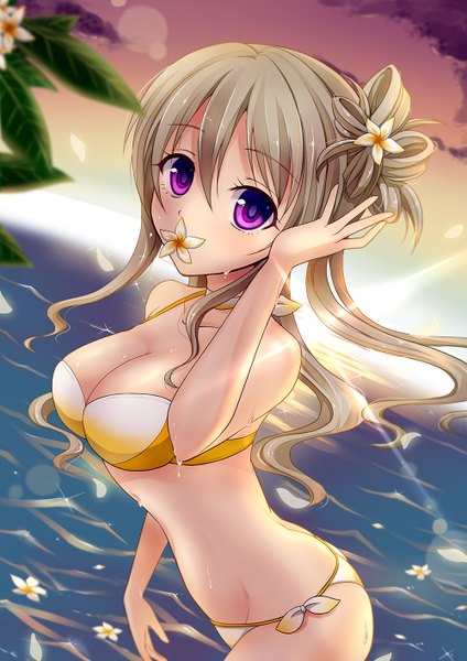 Anime picture 1000x1414 with original asahi yanagi single long hair tall image looking at viewer blush fringe breasts light erotic blonde hair hair between eyes large breasts standing purple eyes bare shoulders payot sky cloud (clouds) outdoors