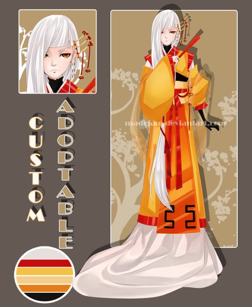 Anime picture 1024x1246 with original nebeskaa single long hair tall image fringe standing white hair very long hair nail polish traditional clothes orange eyes gloves hair ornament black gloves elbow gloves transparent clothing shawl closed fan