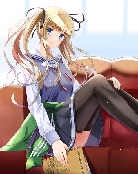 Anime picture 1700x2140 with saenai heroine no sodatekata a-1 pictures sawamura spencer eriri nicky w single long hair tall image looking at viewer blush fringe blue eyes blonde hair sitting twintails hand on knee clothes around waist girl thighhighs skirt uniform