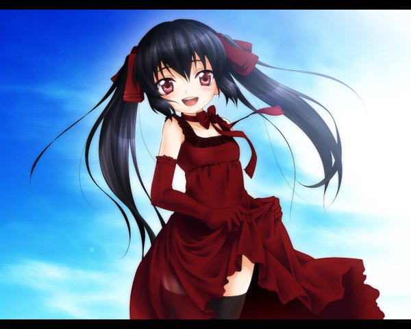 Anime picture 1280x1024 with pangya kooh red eyes twintails sky skirt lift thighhighs dress gloves elbow gloves