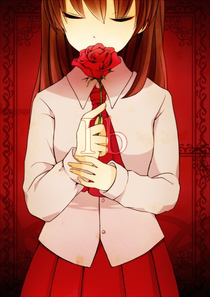 Anime picture 924x1308 with ib (game) ib (ib) chizuru (ambient) single long hair tall image fringe brown hair standing holding eyes closed pleated skirt copyright name red background girl skirt uniform flower (flowers) school uniform shirt