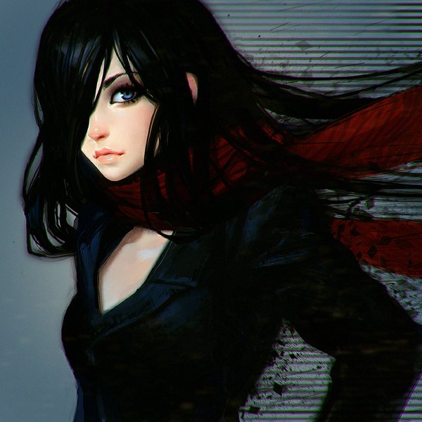 Anime-Bild 900x900 mit original ilya kuvshinov single long hair looking at viewer fringe blue eyes black hair simple background wind lips hair over one eye grey background hands on hips girl scarf red scarf