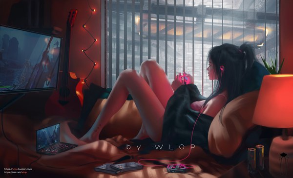 Anime picture 2192x1333 with original wlop single long hair fringe highres breasts black hair wide image sitting holding signed payot looking away full body bent knee (knees) indoors barefoot realistic tattoo