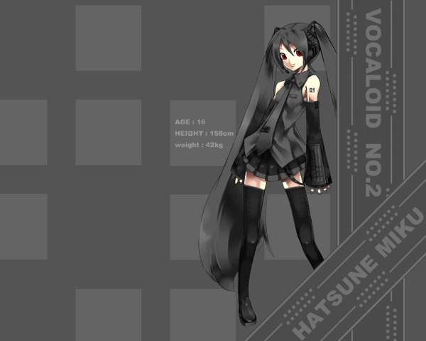 Anime picture 1280x1024 with vocaloid hatsune miku kei (keigarou) single long hair smile red eyes standing twintails payot full body grey hair grey background tattoo copyright name character names monochrome alternate color alternate hair color alternate eye color